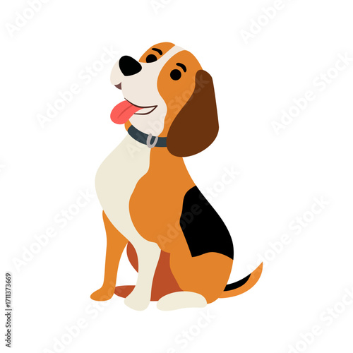 Graphic design of a Beagle dog sitting with its tongue out in an adorable orange-brown geometric pattern.