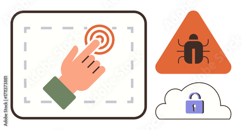 Hand clicking touchpoint, bug warning triangle, secure cloud with padlock. Ideal for cybersecurity, digital risk, online threats, data protection, cloud safety, hacking caution simple flat metaphor