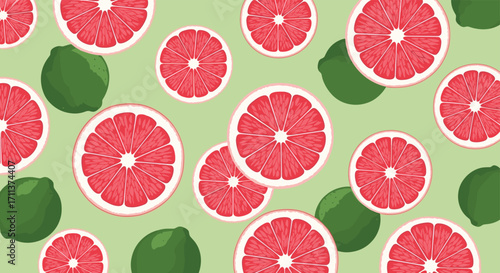 A delightful arrangement of vibrant citrus fruits including grapefruits and limes on a pale green background.