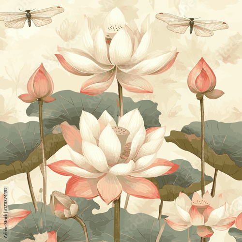 Botanical Wallpaper Featuring Lotus Flowers And Dragonflies on Beige Background