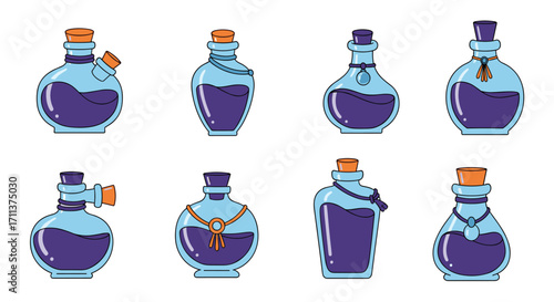 A collection of eight pixel art potion bottles filled with purple liquid and decorated with necklaces and charms.