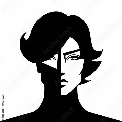Stylized black and white portrait of a person with sharp geometric features and dramatic shadow.