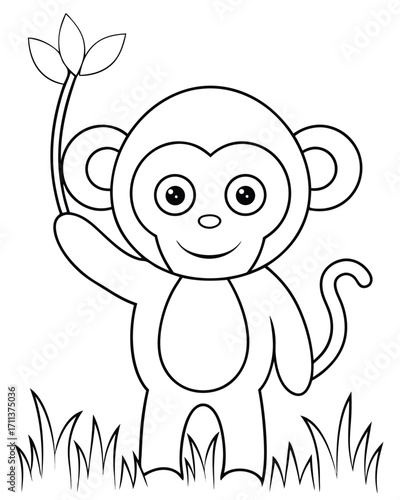Cheerful cartoon monkey holding plant animal leaves