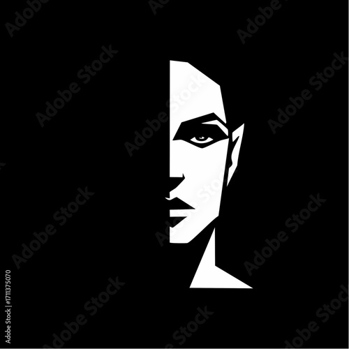 Stylized graphic illustration of a woman's face, half in shadow and half illuminated, with sharp geometric features and intense eyes against a stark black background.