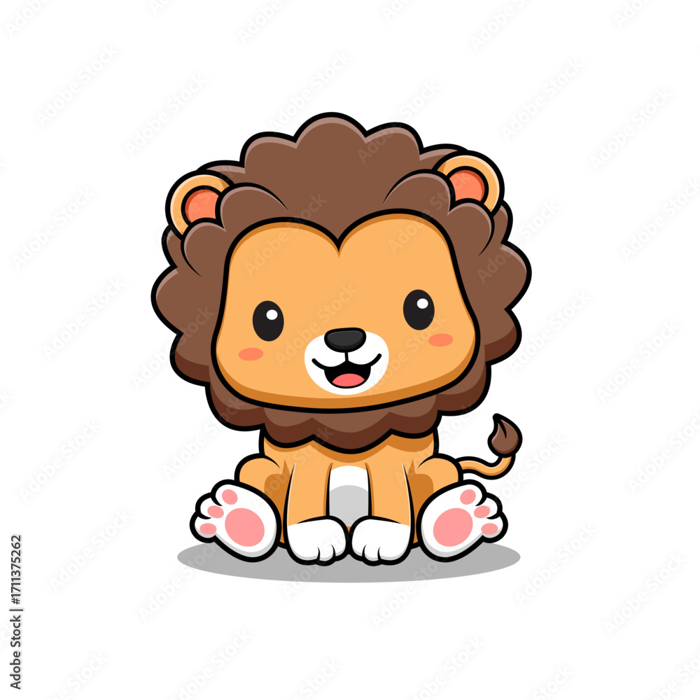 Obraz premium Cute Lion Sitting Mascot Animal Character Icon Illustration. Flat Cartoon Style Suitable for Web Landing Page, Banner, Sticker, Card