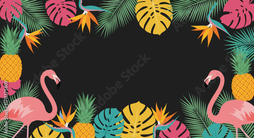 Tropical paradise with flamingos pineapples and lush green foliage.