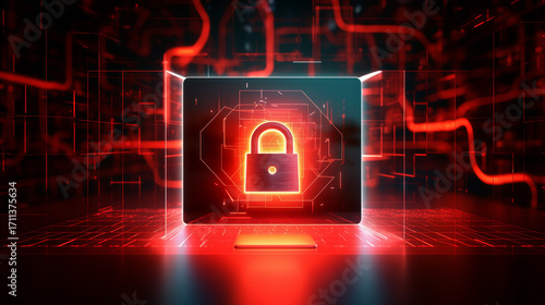 Cyber Security Concept: Digital Padlock Icon on Laptop Screen with Red Circuit Board Background. Data Protection & Online Safety Illustration