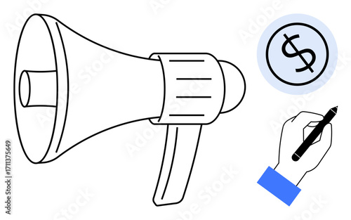 Megaphone emphasizing communication, dollar sign in circle for financial planning, and hand with pen symbolizing strategy. Ideal for marketing, promotion, finance, advertising, business growth
