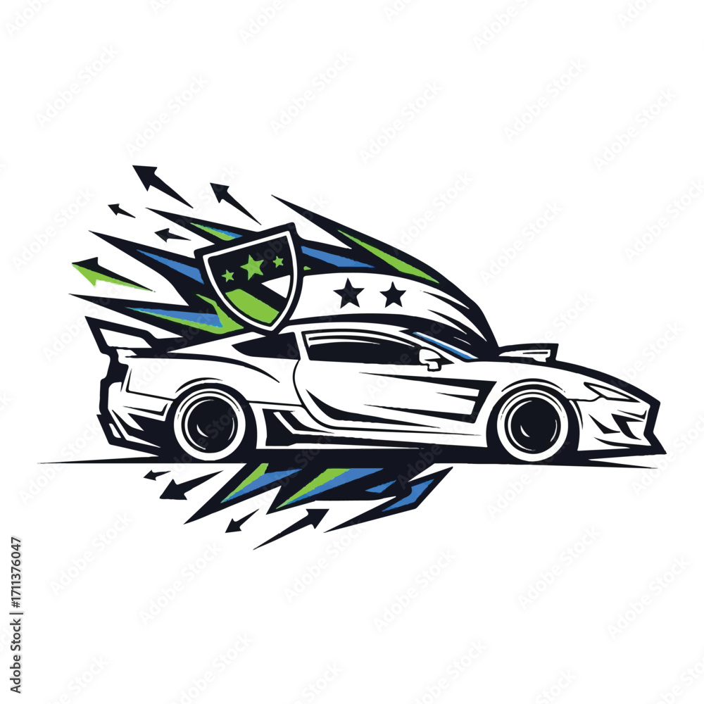 Fototapeta premium White sports car speeding with shield and stars graphic design.