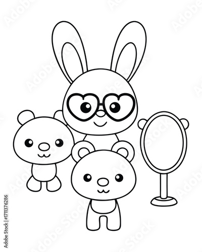 Cute bunny and bears with heart glasses and mirror