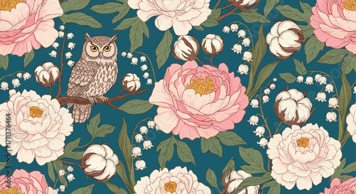 An owl perched on a branch amongst a bed of blooming peonies and cotton flowers.