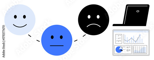 happy, neutral, and sad faces linked by dashed lines next to a laptop and dashboard showing analytics. Ideal for feedback, sentiment analysis, data tracking, psychology, research, survey results