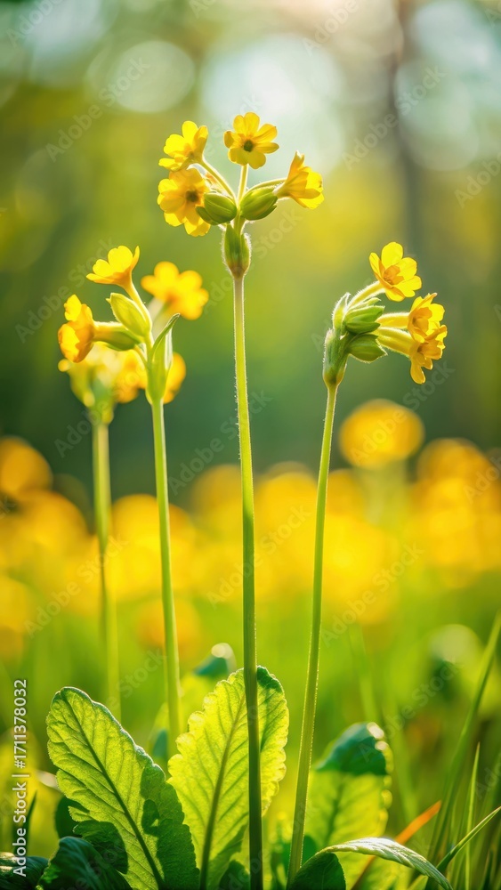 Fototapeta premium Three cowslip stems with bright yellow flowers and green foliage in a field on a sunny day