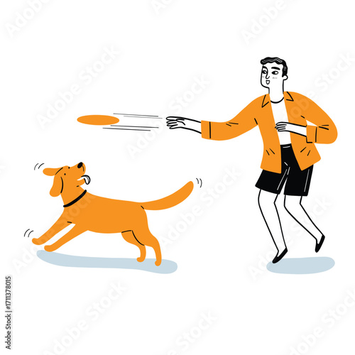 Active Young Man Playing Frisbee with Him Energetic Dog Outdoors