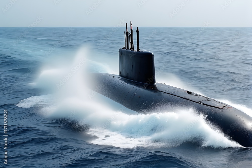 Fototapeta premium Powerful submarine cruising through the ocean waves with dynamic force and sleek design for military or technology concepts