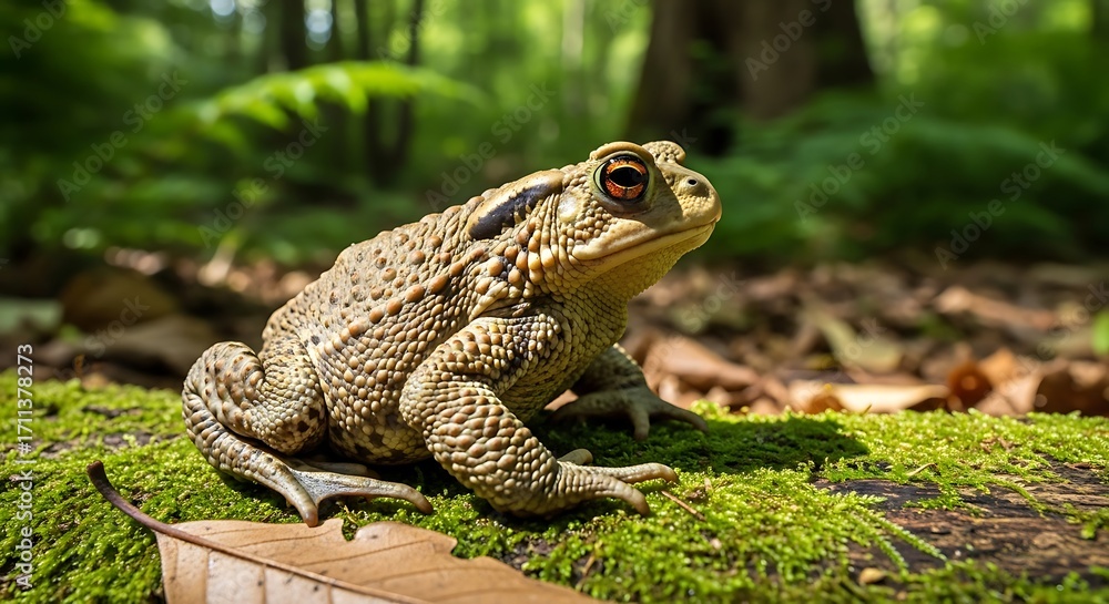 Fototapeta premium Close-up of a Toad on Mossy Log.