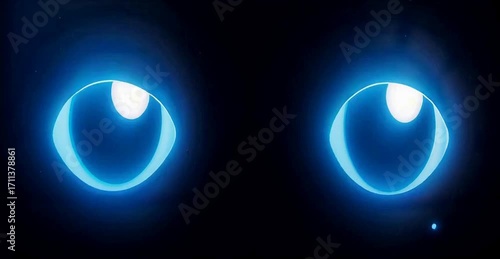 Animated glowing blue cartoon eyes expressing emotions on black background