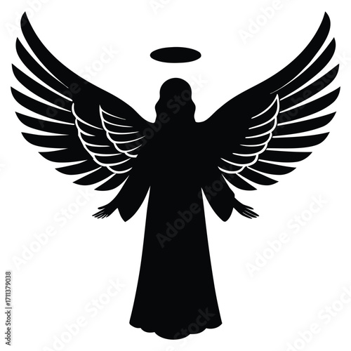 A black silhouette of an angel flying