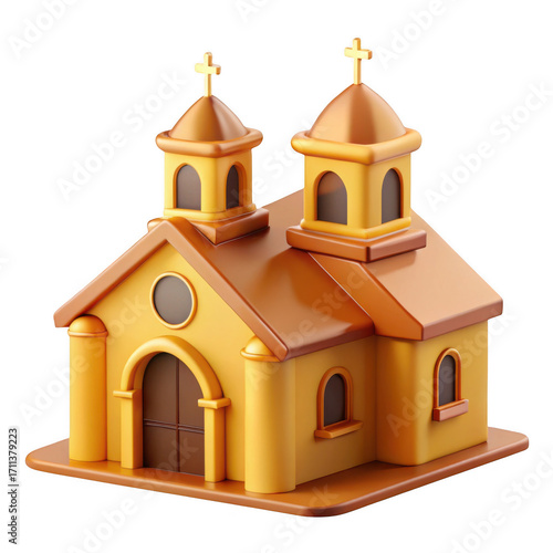 Stylized golden church building with two towers and crosses religious landmark isolated on transparent background