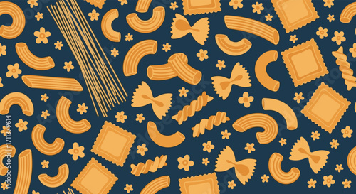 A vibrant assortment of pasta shapes scattered across a deep blue background with a playful pattern.