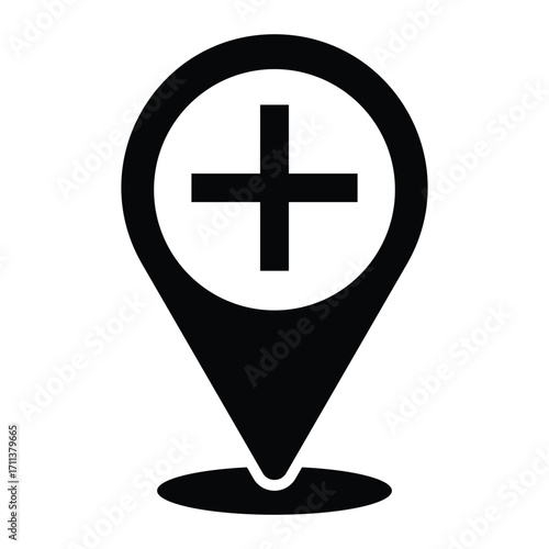Hospital Location Pin Icon – Medical Map Marker with Health Cross Symbol Vector Design.