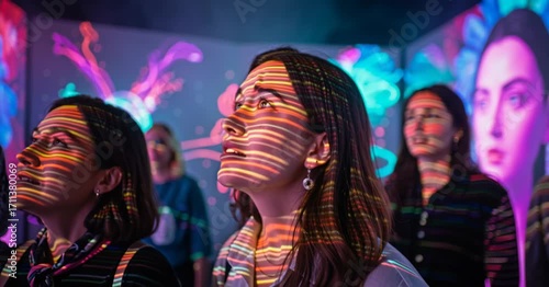 Diverse young women watching a vibrant immersive art exhibition with colorful light patterns on their faces