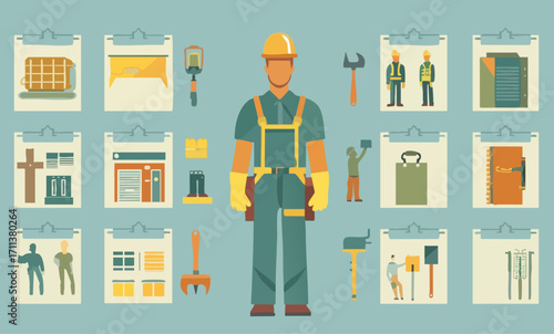 Flat Illustration Of Construction Worker In Yellow Hard Hat And Gloves Surrounded By Job Tools