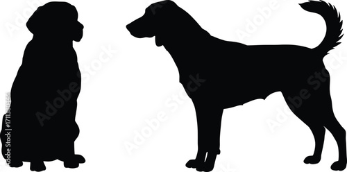 Black silhouette illustration of two dogs, one sitting and one standing, simple vector design for pet lovers, artwork, and decoration