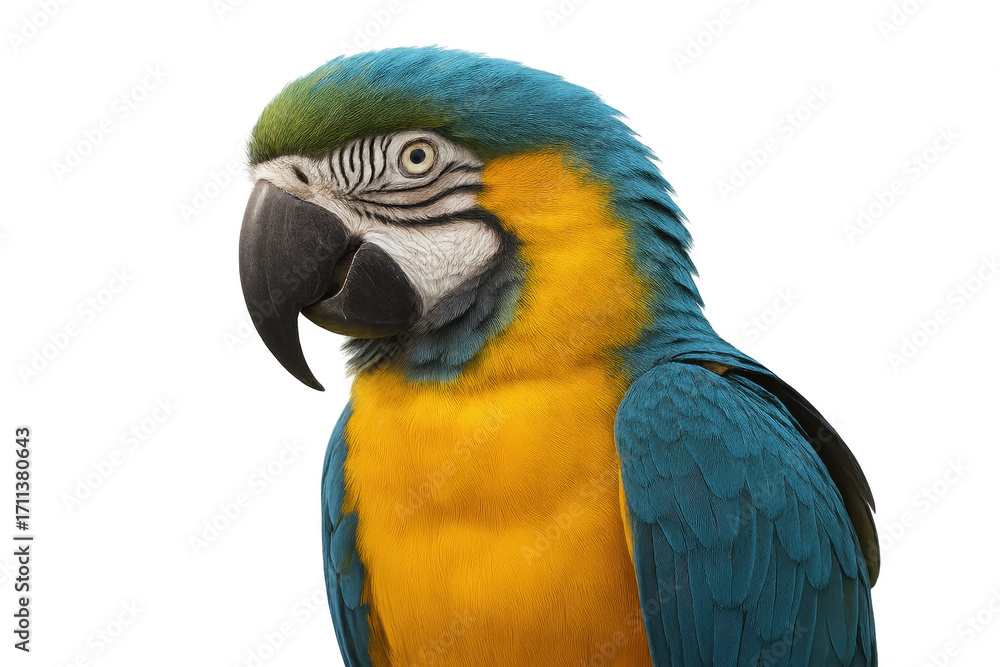 Fototapeta premium Blue and yellow macaw parrot posing on transparent background