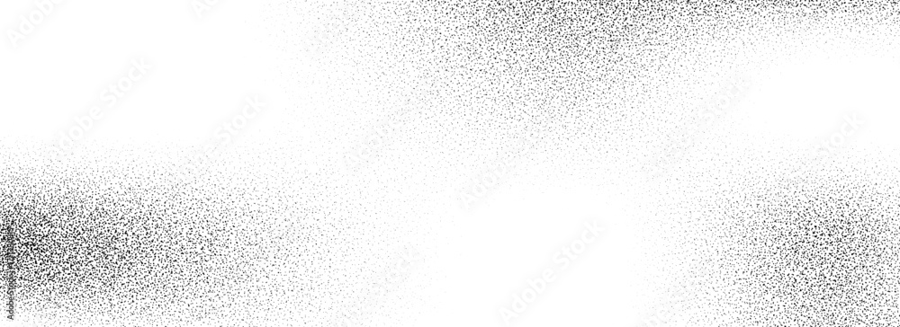 Obraz premium Black dotted grain gradient texture. Grunge sprayed noise background. Subtle stippled gritty sand overlay. Rough distressed dotwork backdrop with specks, dust, speckles. Vector grit particle wallpaper