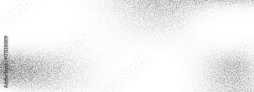 Black dotted grain gradient texture. Grunge sprayed noise background. Subtle stippled gritty sand overlay. Rough distressed dotwork backdrop with specks, dust, speckles. Vector grit particle wallpaper