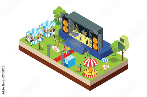 Illustration Music Festival Concept 3d Isometric View Concert Party Elements Landscape Background and Stage. Vector illustration of Musical Event