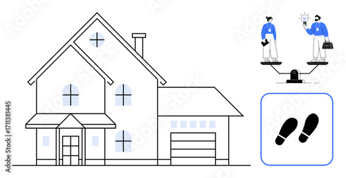 Classic suburban house with garage, two professionals balancing ideas and tasks on a scale, security camera, and footprint pattern. Ideal for real estate, teamwork, balance, safety, home automation