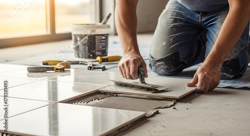 Man installing tiles on the floor using a trowel with bucket and tools nearby in a bright room space © Vektor Stokart