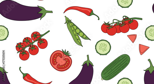 A vibrant and fresh assortment of ripe vegetables including tomatoes eggplant and chilies scattered across a white background.