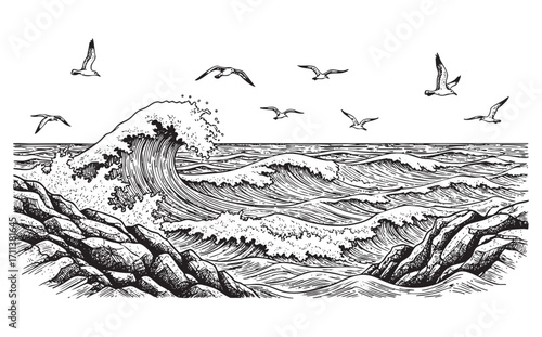 Sea landscape with water waves, seagulls, and rocks