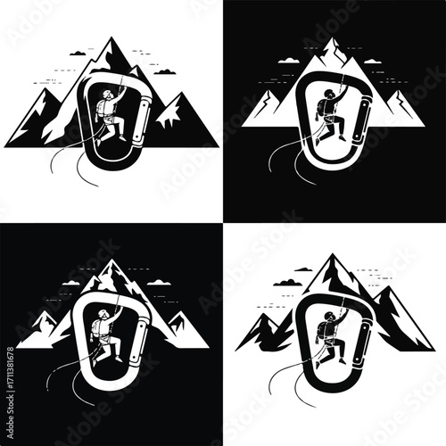 Black and white graphic design featuring a climber inside a carabiner with mountains in the background.