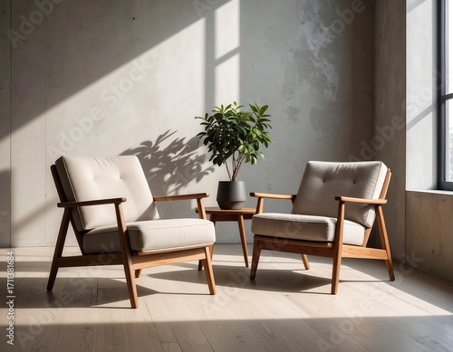 Modern armchairs in a sunlit room