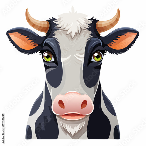 Adorable Holstein cow portrait with big eyes and curious expression