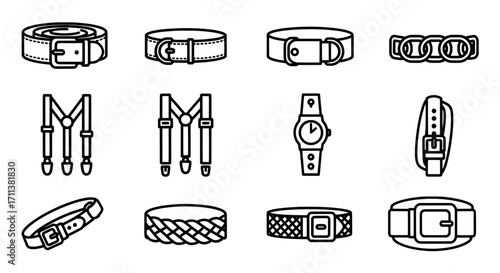 Collection of Fashion Accessories Belts, Suspenders, and a Watch