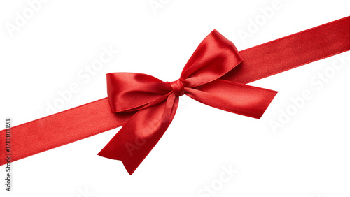 Red silk ribbon with decorative bow positioned diagonally across white surface, isolated on a transparent background