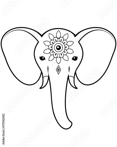 Stylized elephant head with floral adornment face trunk