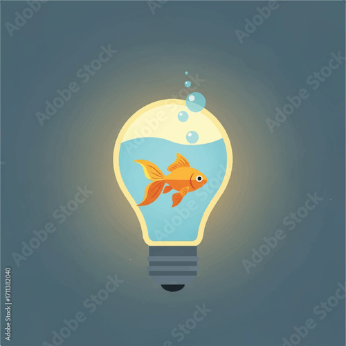 A golden fish swims within a glowing lightbulb filled with water, symbolizing enlightenment and creativity.