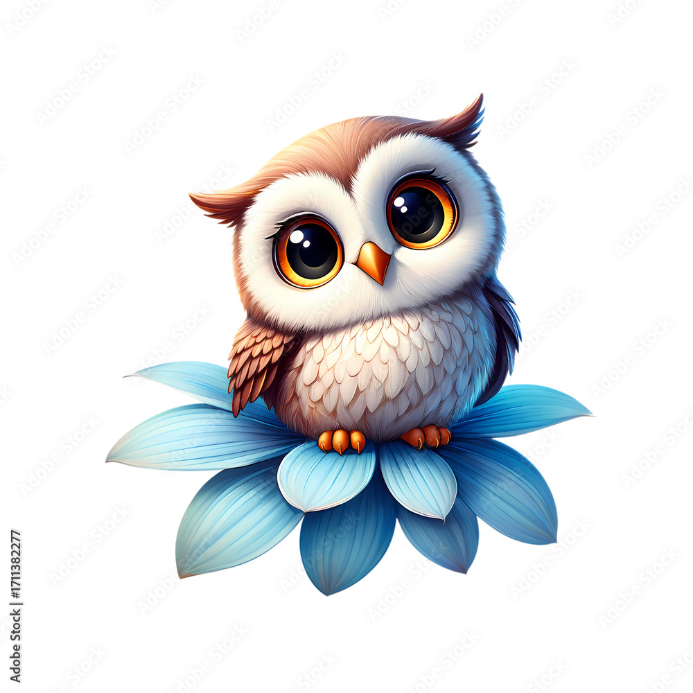 Obraz premium Tiny owl atop a blue flower on transparent background