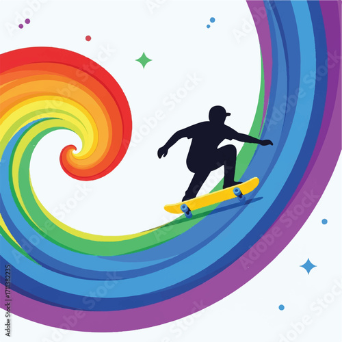 A stylized illustration of a skateboarder riding a rainbow spiral wave.