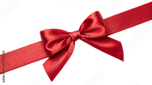 Red glossy ribbon with sophisticated bow arrangement crossing diagonally left to right, isolated on a transparent background