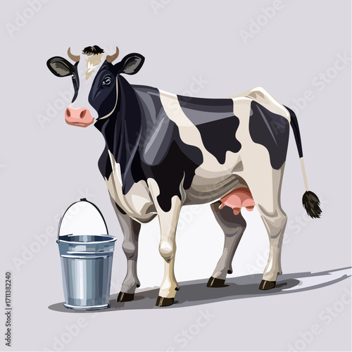 Dairy cow with silver pail, farm fresh goodness illustrated art