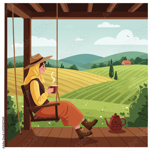 A serene rural woman enjoys a peaceful moment on a porch swing, gracefully sipping tea while gazing at a picturesque natural landscape with vibrant rolling hills in a flat 2D vector illustration.