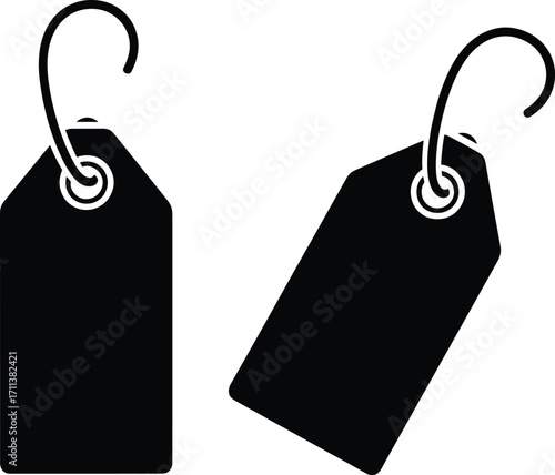 Black price tags, retail labels, blank tag design, product branding, hanging labels, commercial packaging, vector illustration, merchandise tag, marketing concept, sale sticker