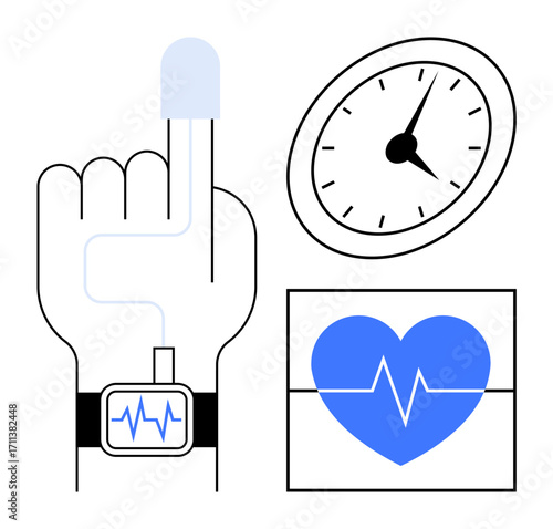 Hand with fitness tracker monitoring pulse, clock showing time, and heart with EKG line. Ideal for healthcare, fitness, wellness, technology, diagnostics self-care prevention. Simple flat metaphor